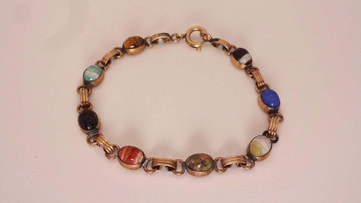 Vintage Scarab Bracelet Gold filled Carved Gemstones