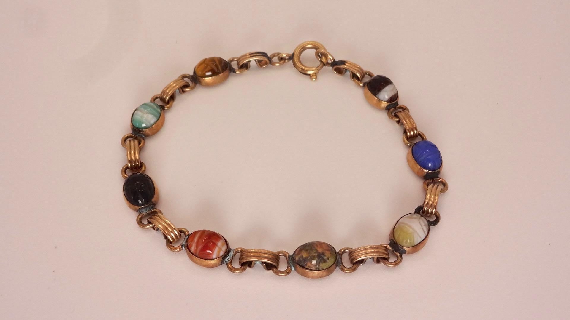 Vintage Scarab Bracelet Gold filled Carved Gemstones