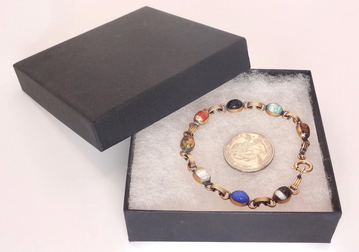 Vintage Scarab Bracelet Gold filled Carved Gemstones