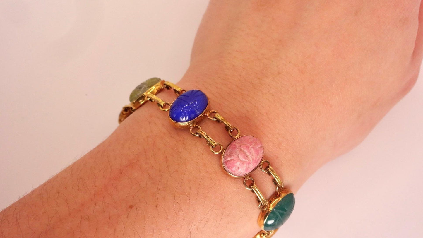Vintage Scarab Bracelet Gold filled Carved Gemstones