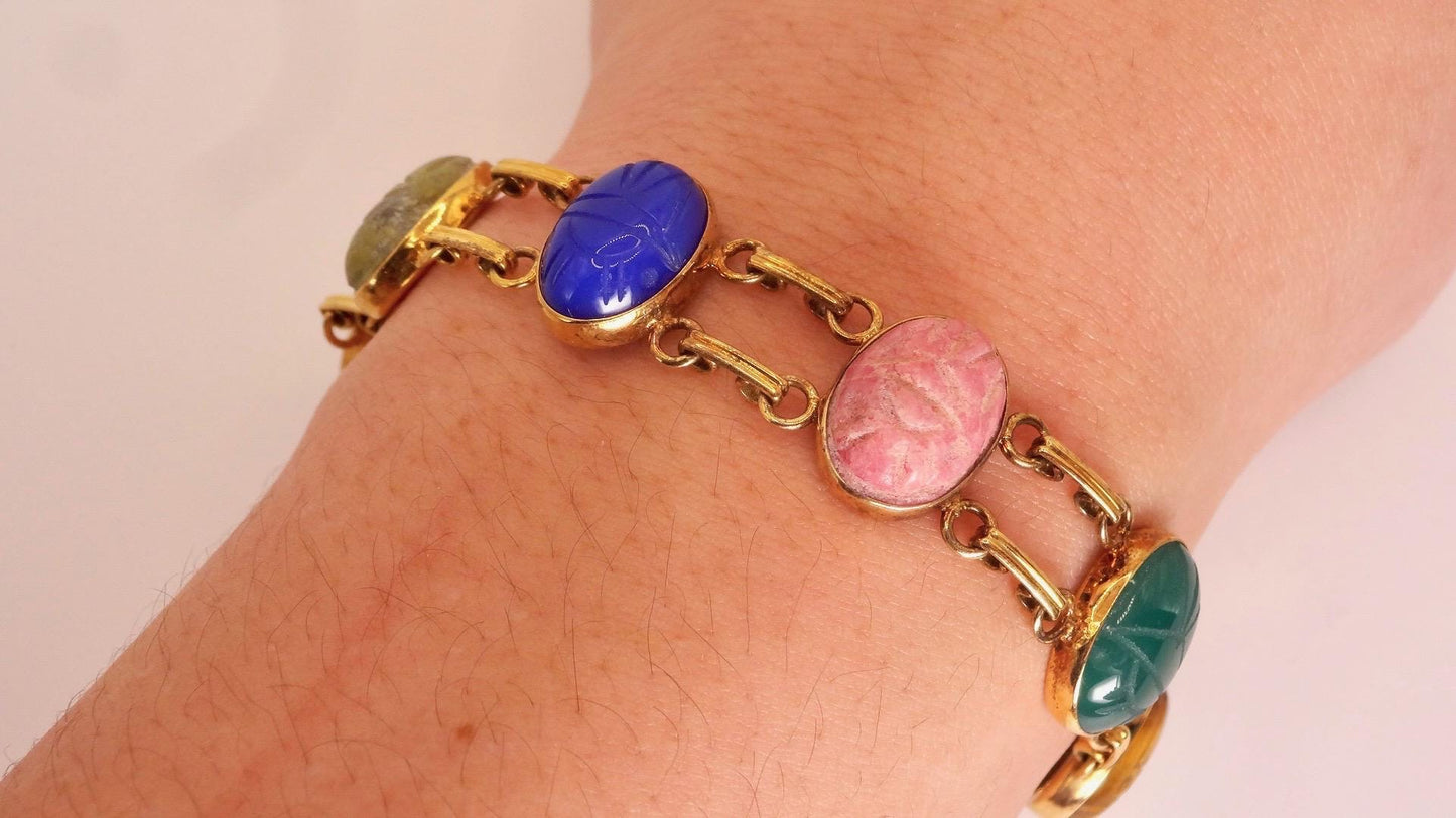 Vintage Scarab Bracelet Gold filled Carved Gemstones