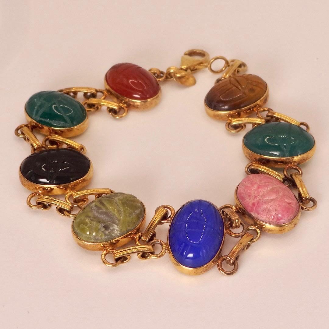 Vintage Scarab Bracelet Gold filled Carved Gemstones