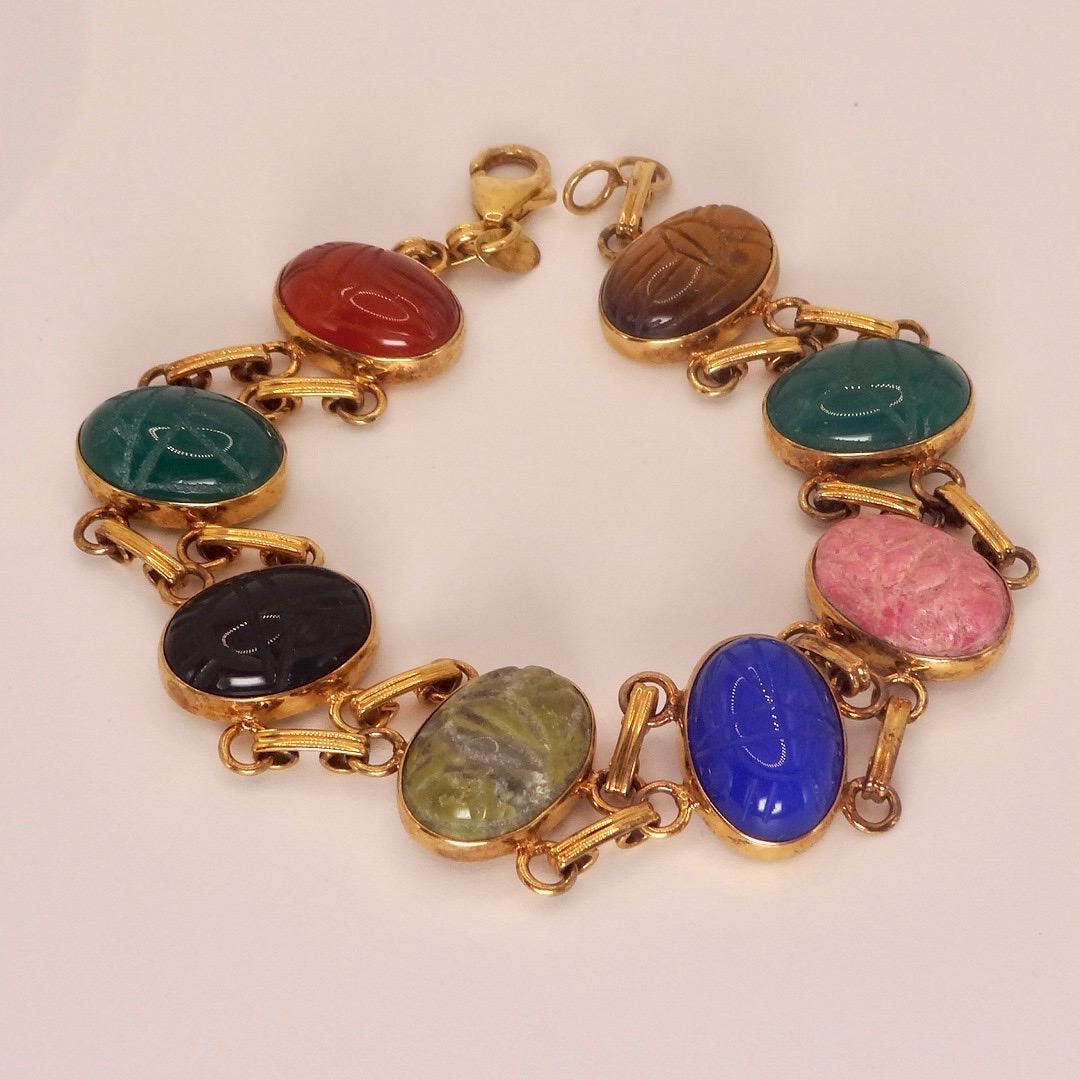 Vintage Scarab Bracelet Gold filled Carved Gemstones