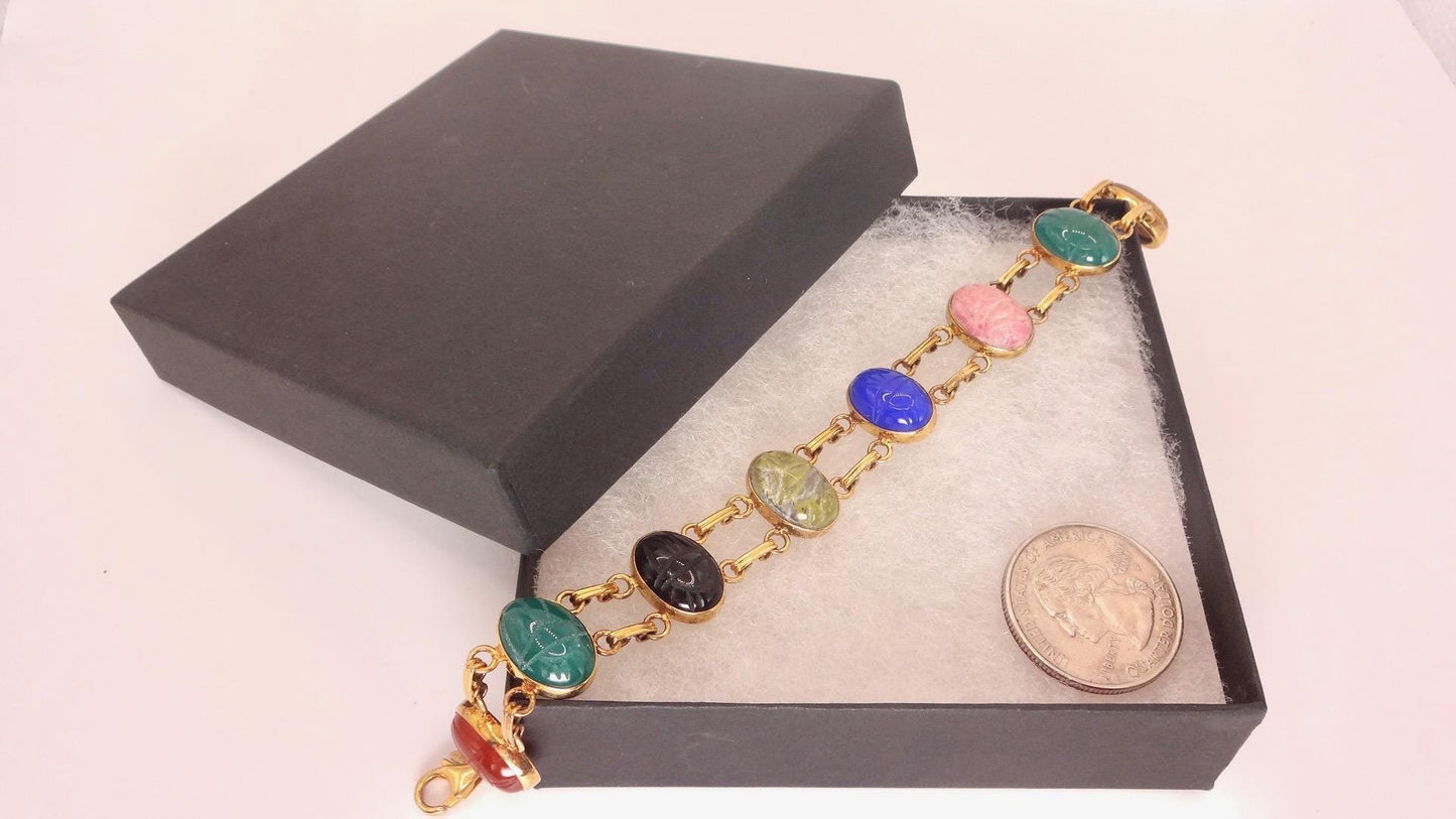 Vintage Scarab Bracelet Gold filled Carved Gemstones