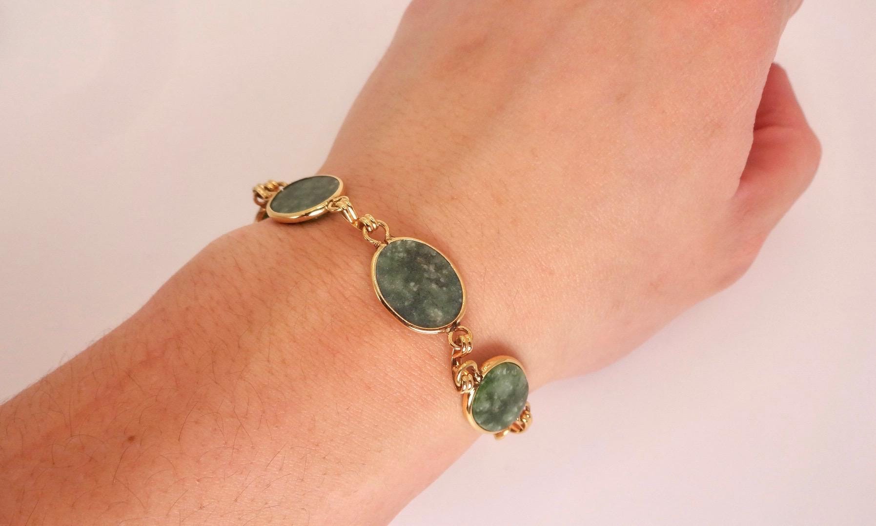 Vintage Green Jade Bracelet Golden Bronze