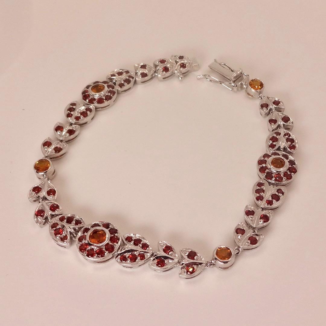 Vintage Handmade Genuine Citrine and Garnet 925 Sterling Silver Bracelet