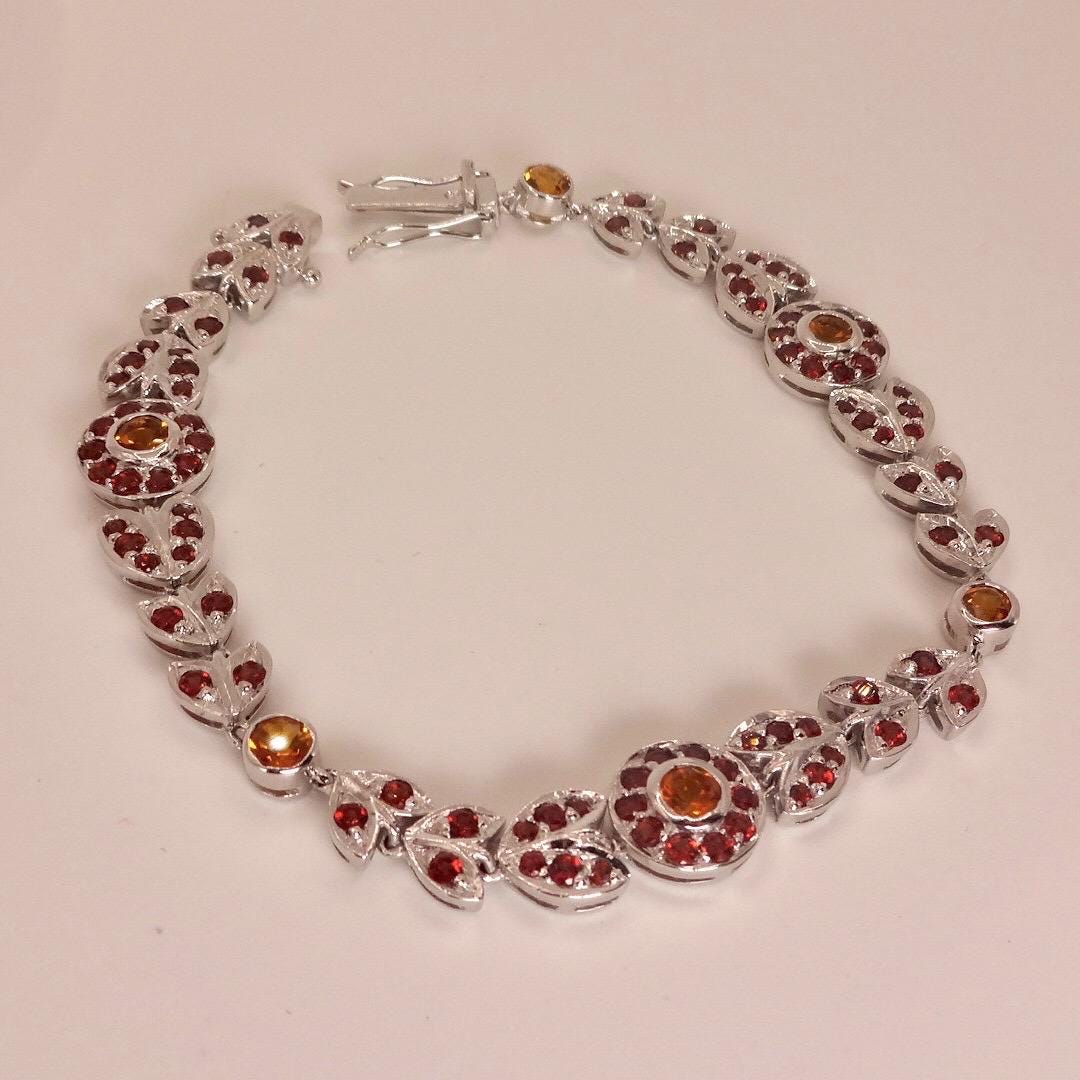 Vintage Handmade Genuine Citrine and Garnet 925 Sterling Silver Bracelet