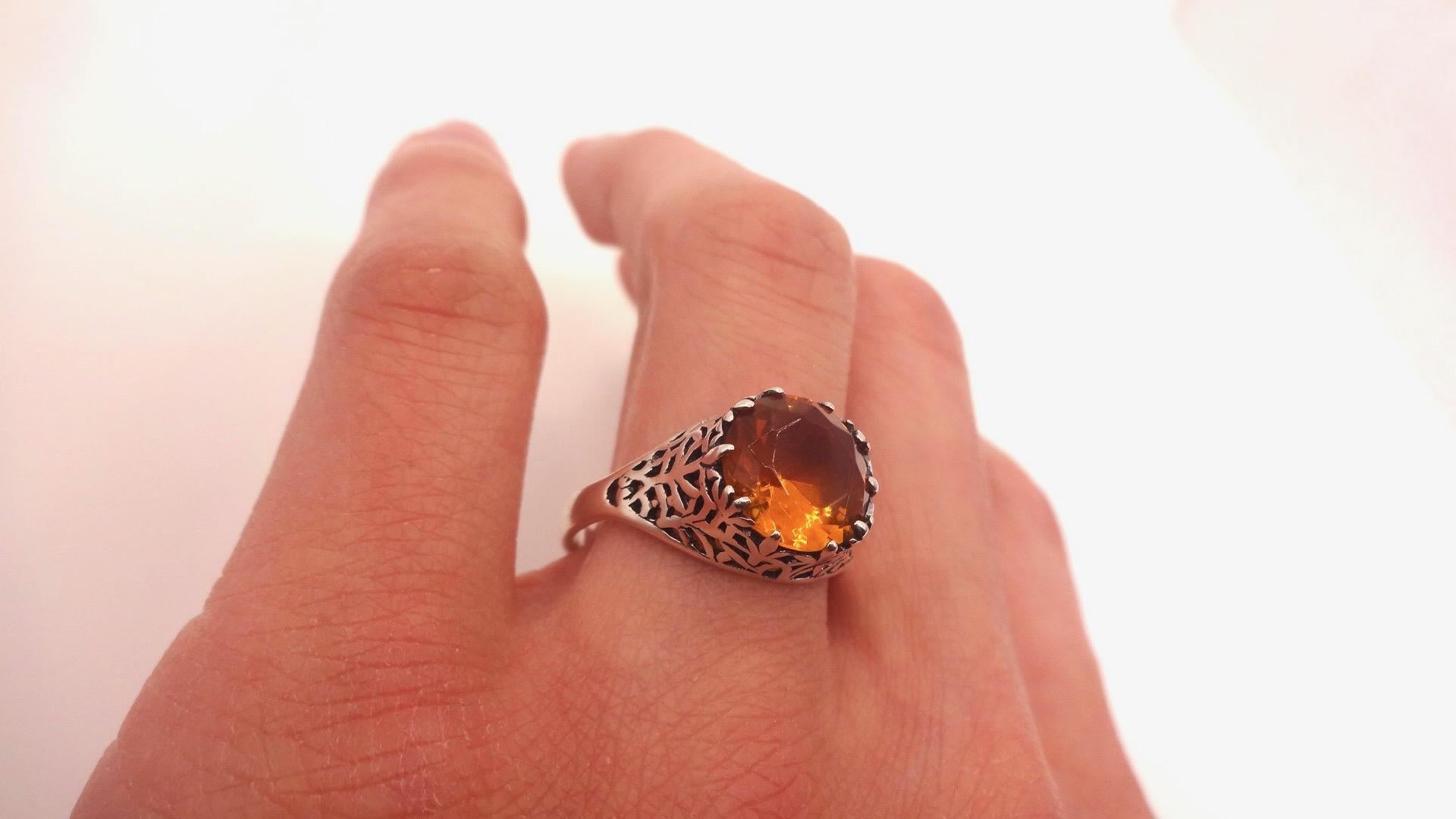 Vintage Golden Citrine 925 Sterling Silver Cocktail Ring