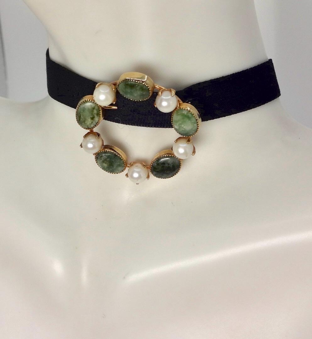 Vintage Green Jade Yellow Gold Filled Brooch Pin