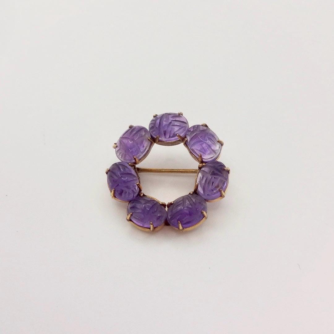 Vintage Purple Amethyst Scarab Gold Filled Brooch Pin