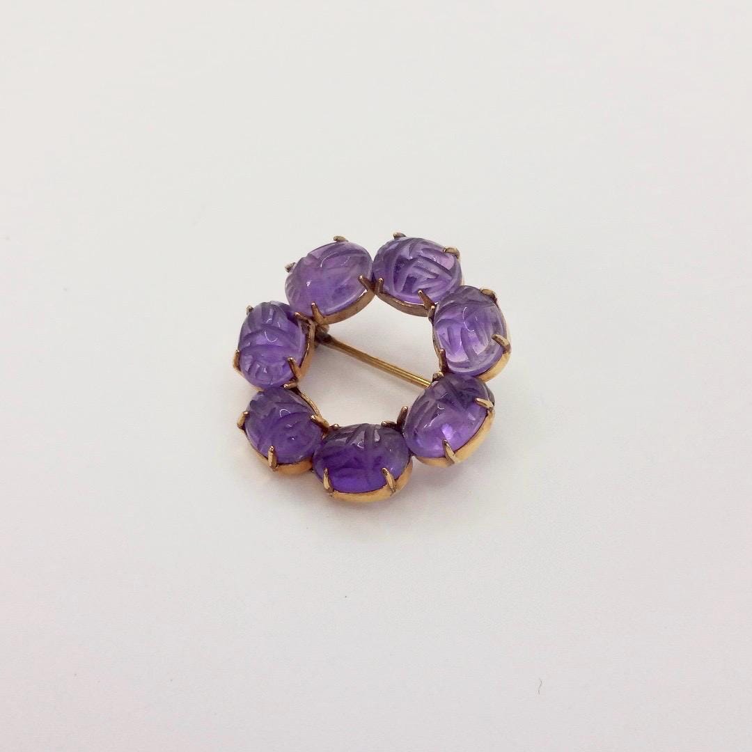 Vintage Purple Amethyst Scarab Gold Filled Brooch Pin