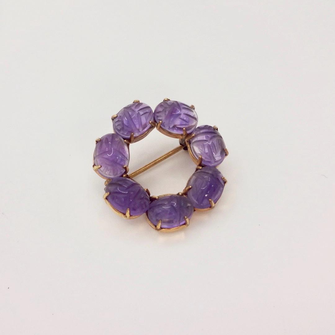 Vintage Purple Amethyst Scarab Gold Filled Brooch Pin