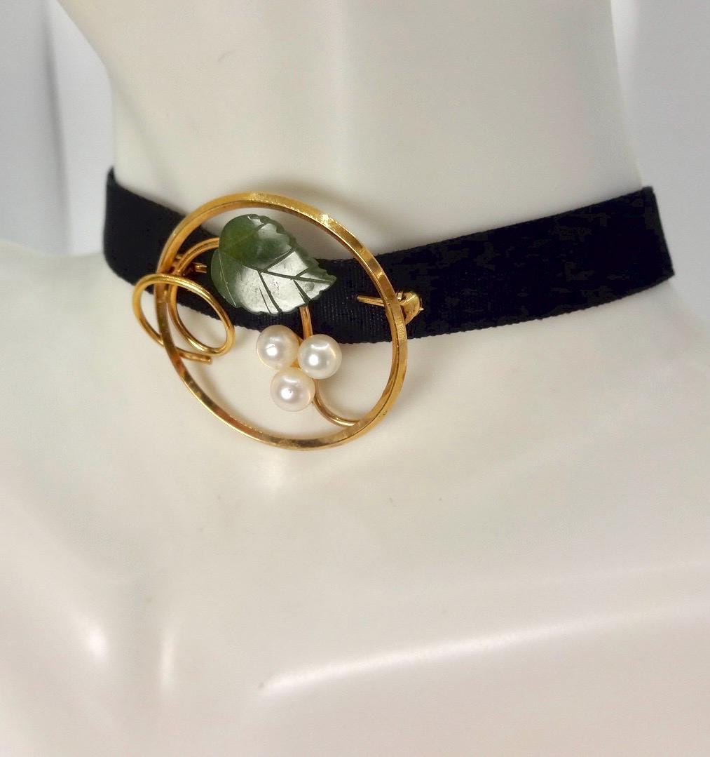 Vintage Green Jade Pearl Gold Filled Brooch Pin