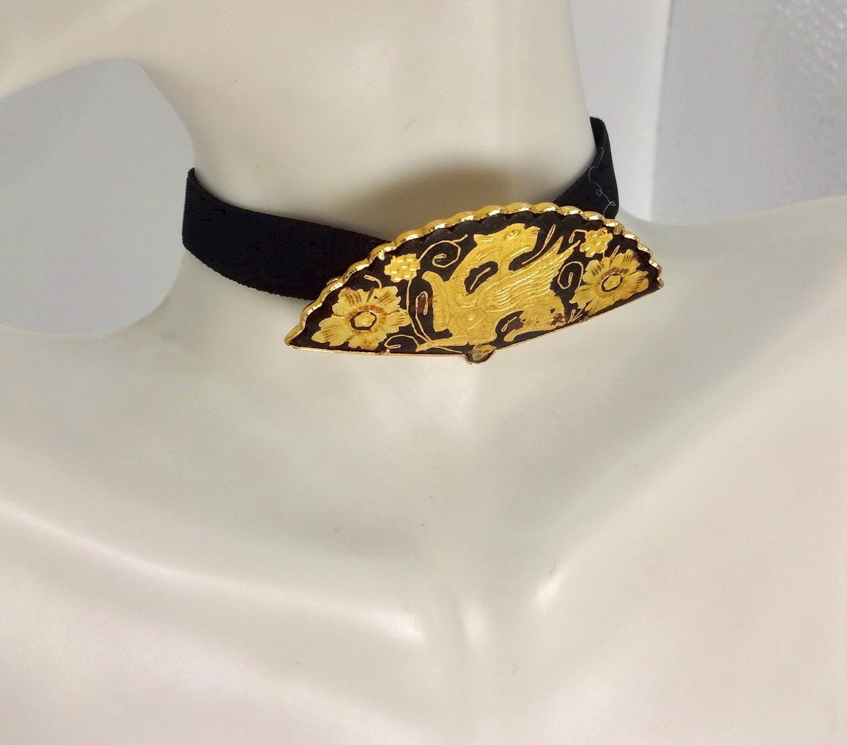 Vintage Gold Damascine Choker, Gold Filled Pendant Brooch