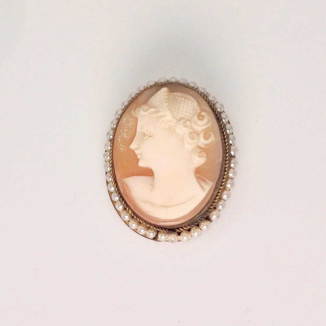 Vintage Shell Cameo Gold Fill Necklace Choker Pin Brooch