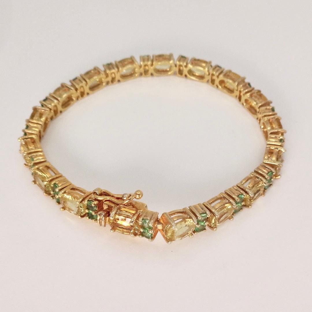 Vintage Handmade Genuine Golden Lemon Quartz Green Chrome Diopside 925 Sterling Silver Tennis Bracelet