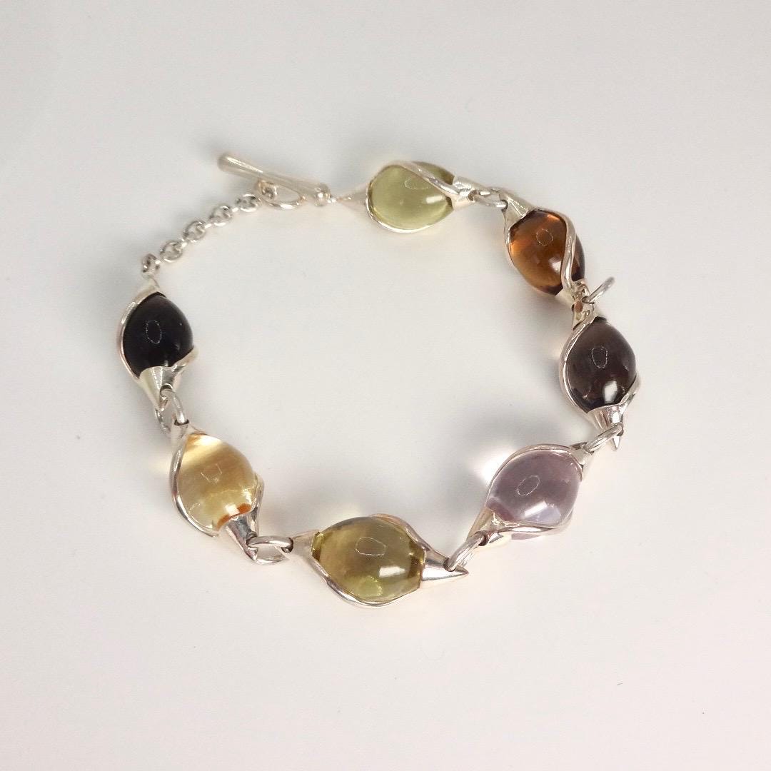 Vintage Handmade Mosaic Genuine Golden Citrine tonal Smoky Topaz 925 Sterling Silver Tennis Bracelet