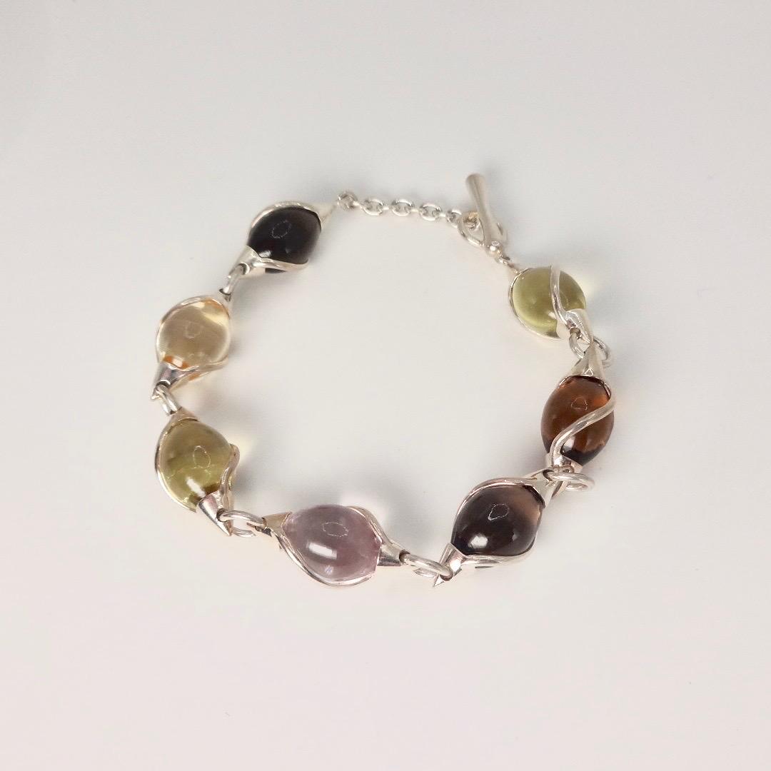 Vintage Handmade Mosaic Genuine Golden Citrine tonal Smoky Topaz 925 Sterling Silver Tennis Bracelet