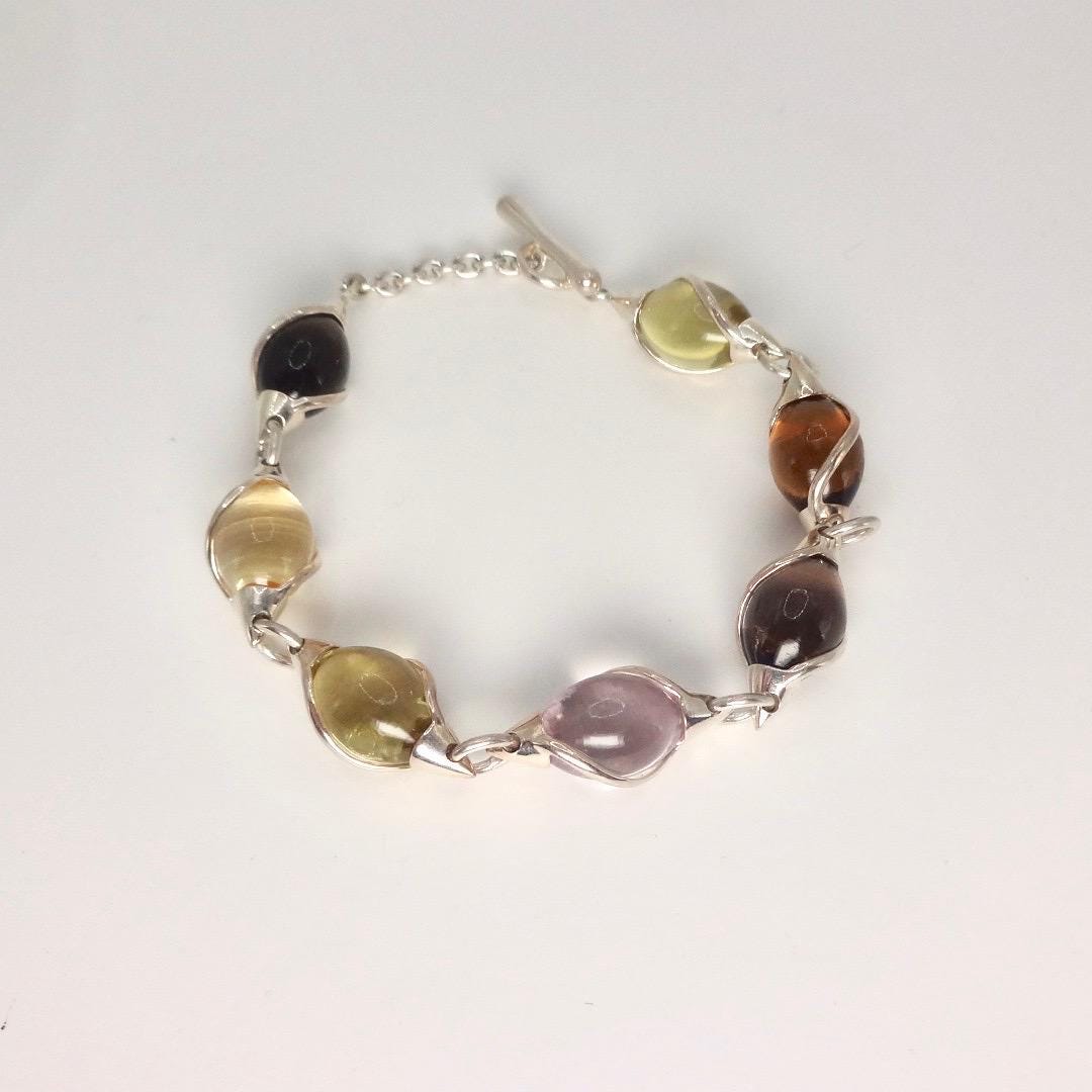 Vintage Handmade Mosaic Genuine Golden Citrine tonal Smoky Topaz 925 Sterling Silver Tennis Bracelet