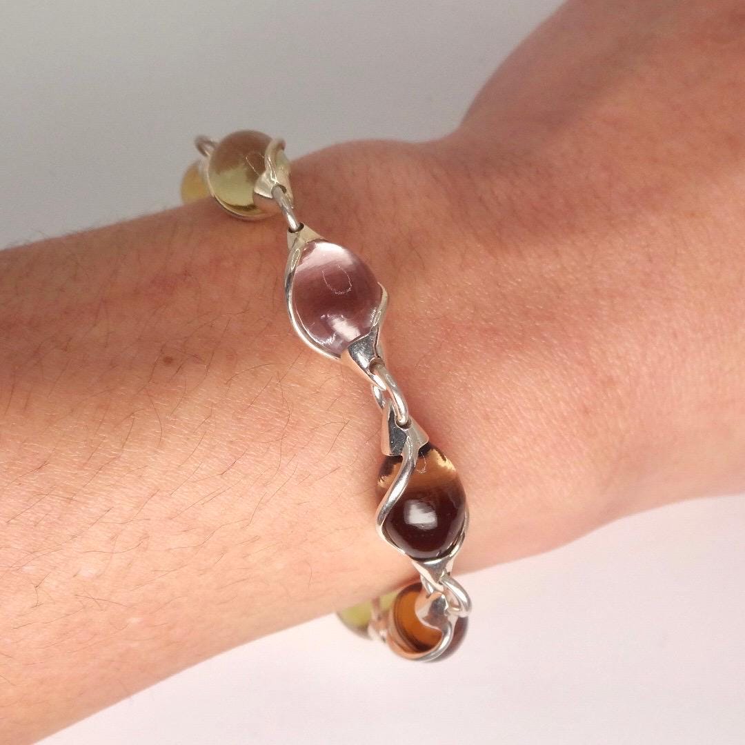 Vintage Handmade Mosaic Genuine Golden Citrine tonal Smoky Topaz 925 Sterling Silver Tennis Bracelet