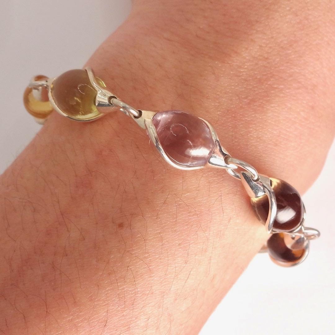 Vintage Handmade Mosaic Genuine Golden Citrine tonal Smoky Topaz 925 Sterling Silver Tennis Bracelet