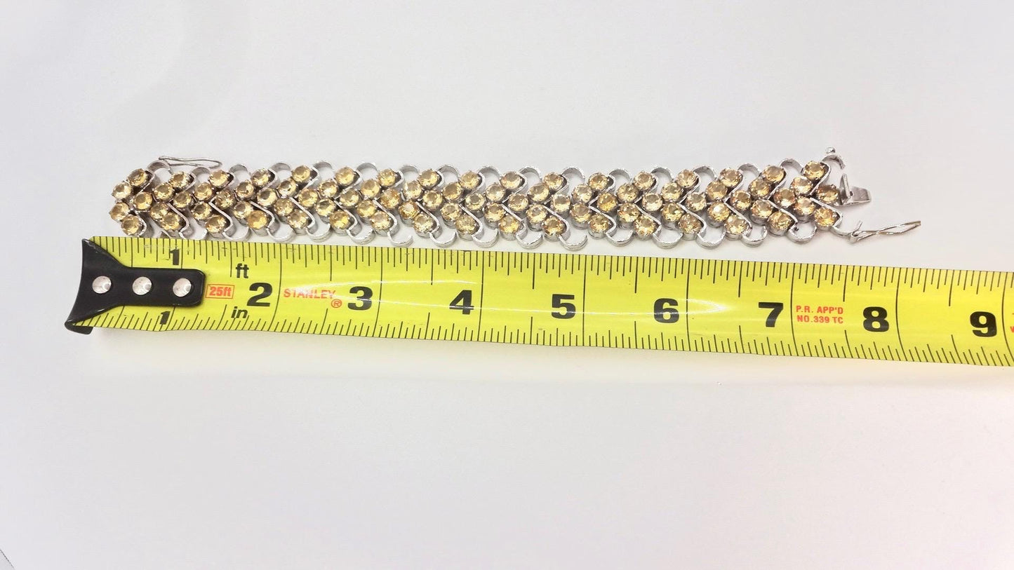 Vintage Gold Citrine Statement Bracelet Deco 925 Sterling Silver Chunky Tennis