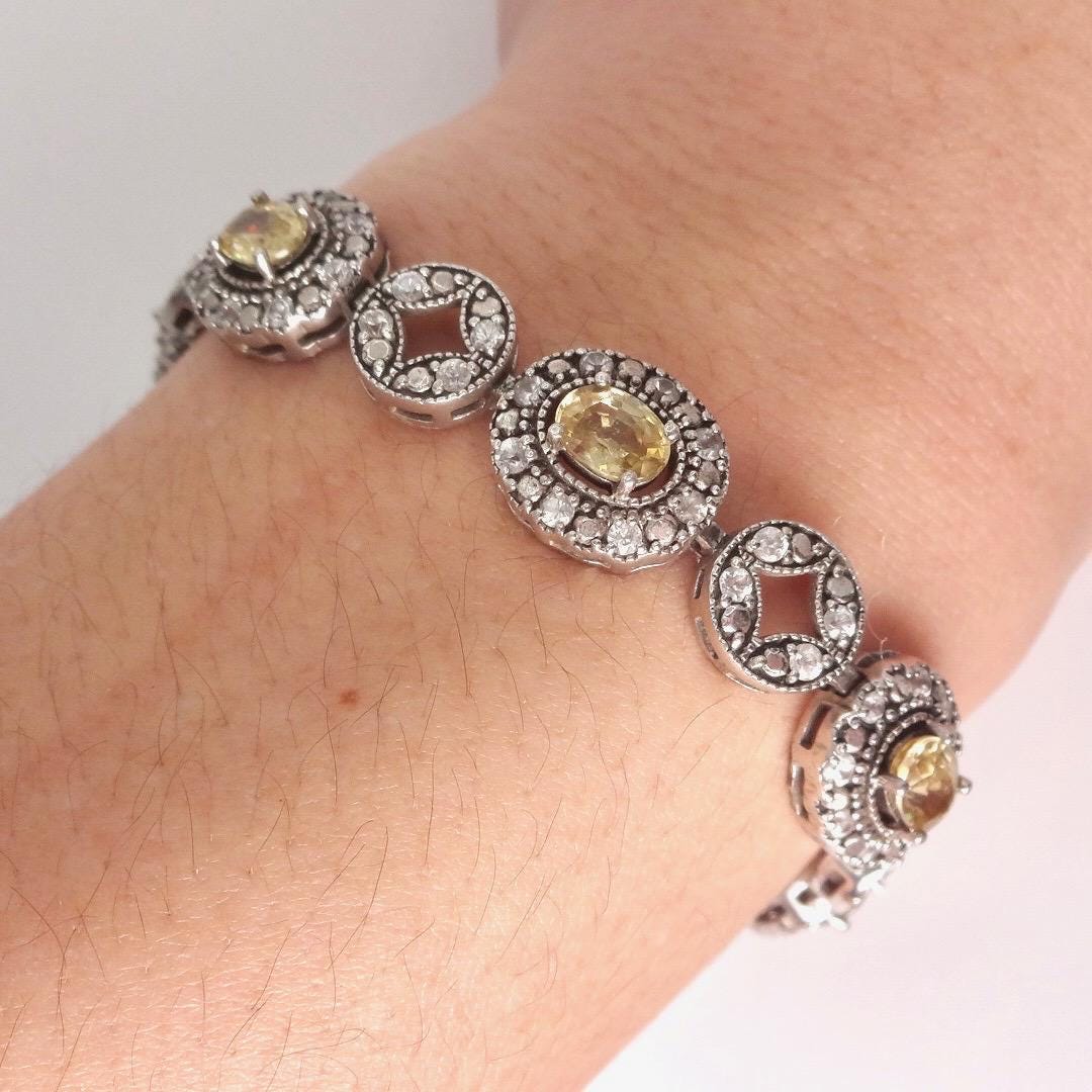 Vintage Gold Citrine Bracelet Deco 925 Sterling Silver Tennis