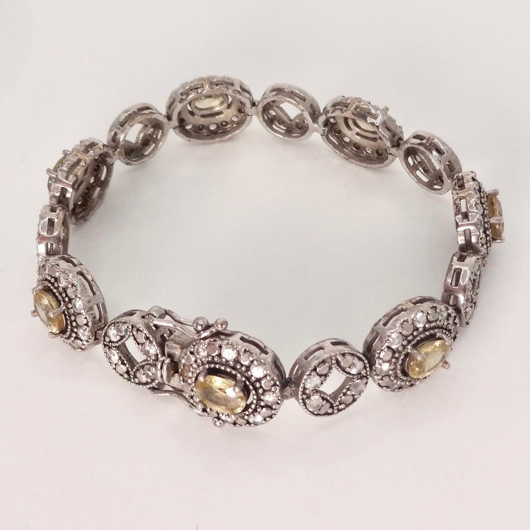 Vintage Gold Citrine Bracelet Deco 925 Sterling Silver Tennis