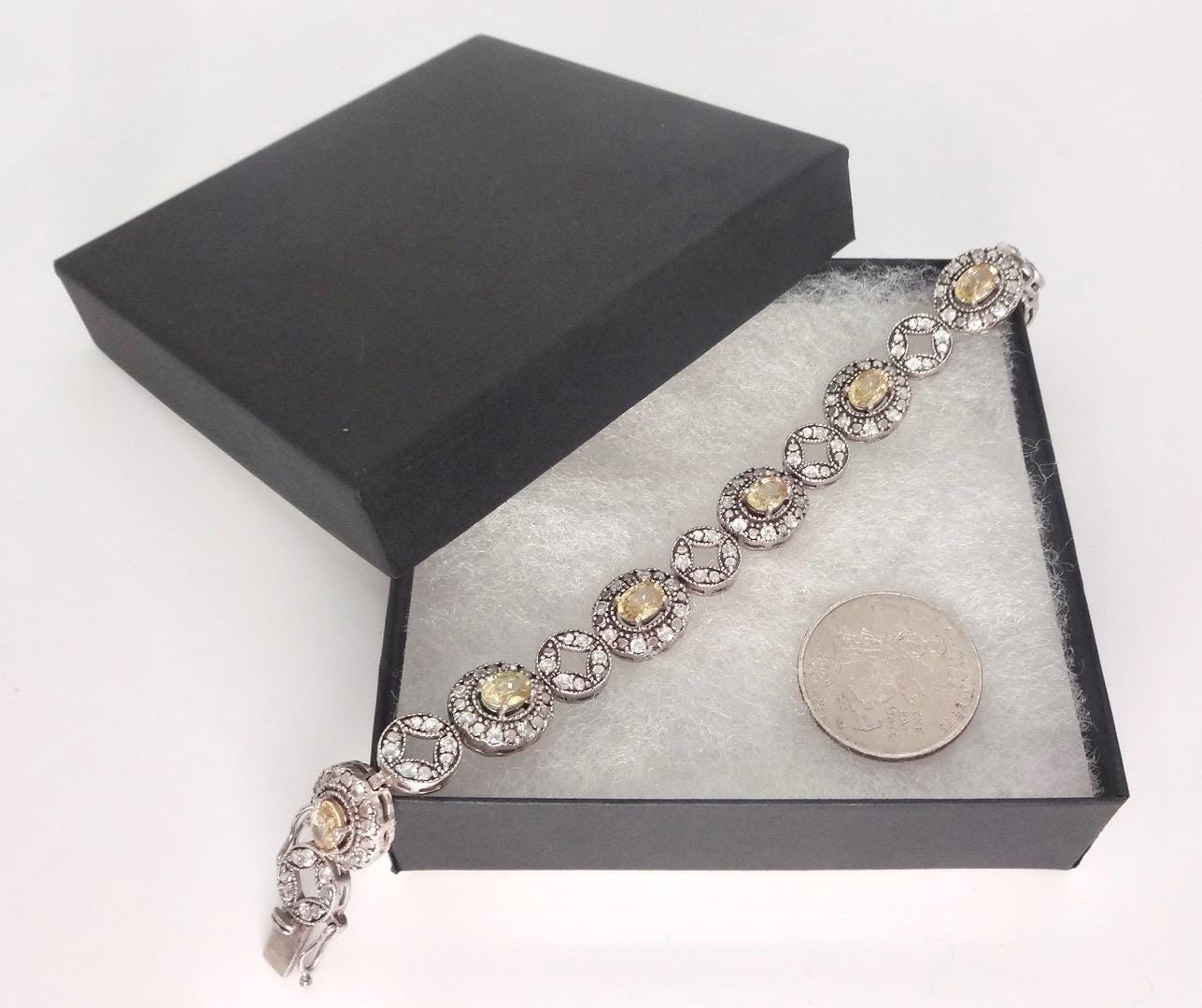Vintage Gold Citrine Bracelet Deco 925 Sterling Silver Tennis