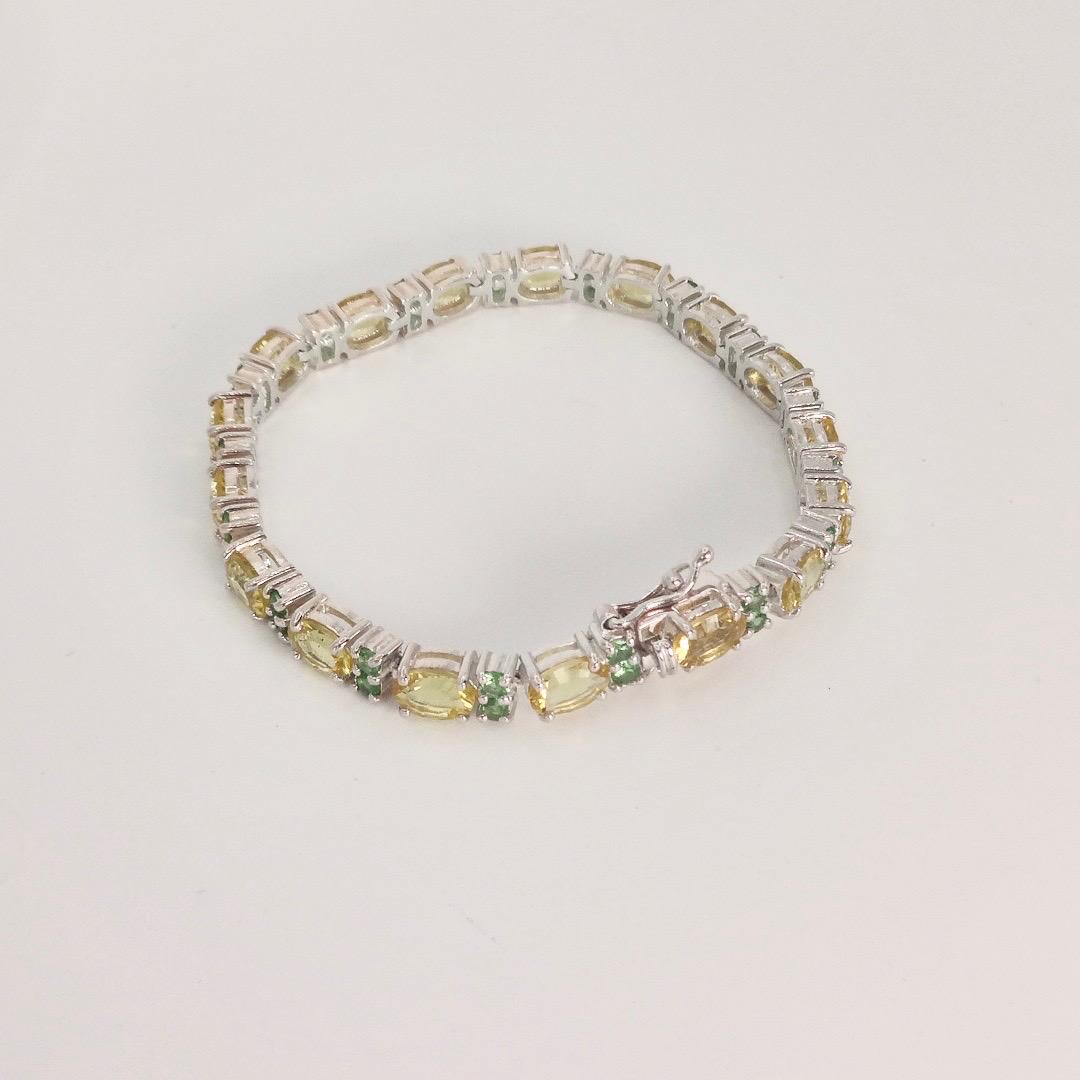 Vintage Handmade Genuine Golden Lemon Quartz Green Chrome Diopside 925 Sterling Silver Tennis Bracelet