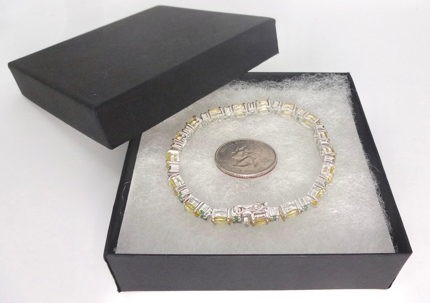 Vintage Handmade Genuine Golden Lemon Quartz Green Chrome Diopside 925 Sterling Silver Tennis Bracelet