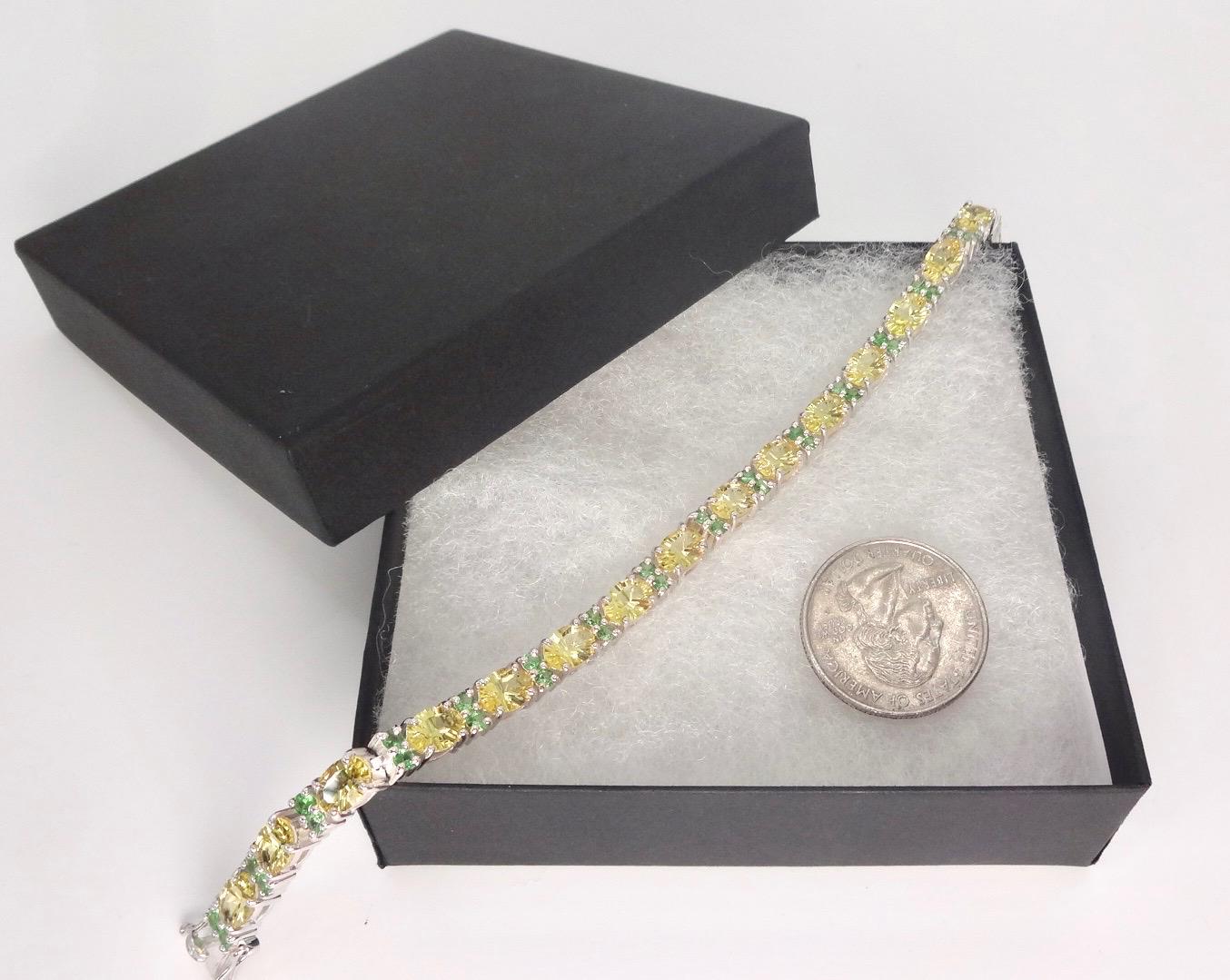 Vintage Handmade Genuine Golden Lemon Quartz Green Chrome Diopside 925 Sterling Silver Tennis Bracelet