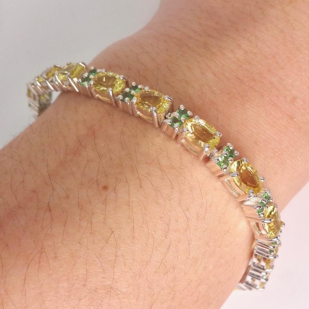 Vintage Handmade Genuine Golden Lemon Quartz Green Chrome Diopside 925 Sterling Silver Tennis Bracelet