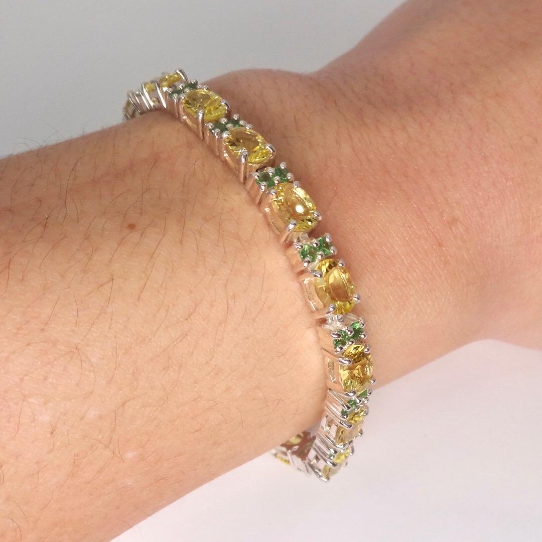 Vintage Handmade Genuine Golden Lemon Quartz Green Chrome Diopside 925 Sterling Silver Tennis Bracelet
