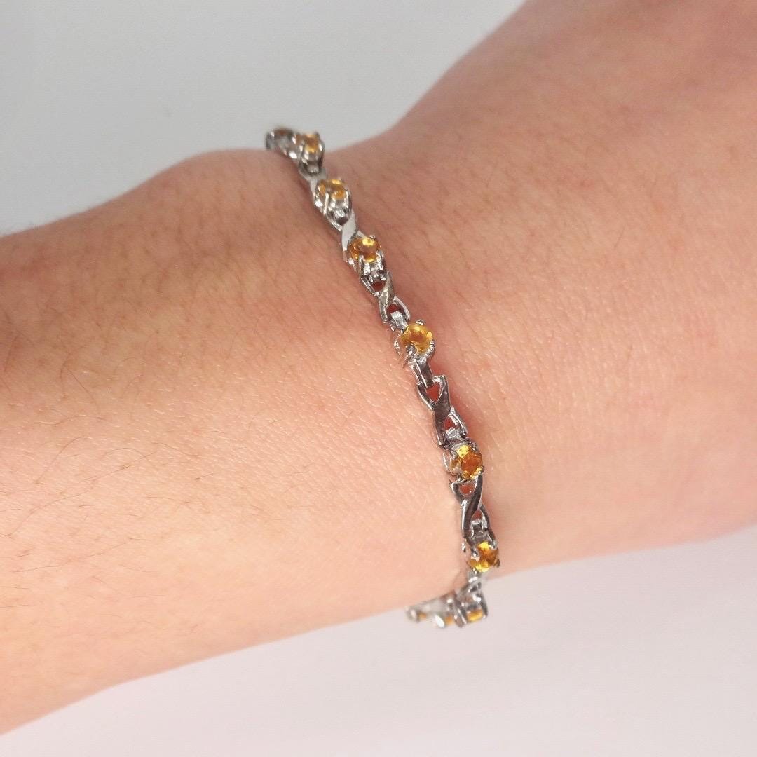 Vintage Gold Citrine Bracelet Deco 925 Sterling Silver Tennis