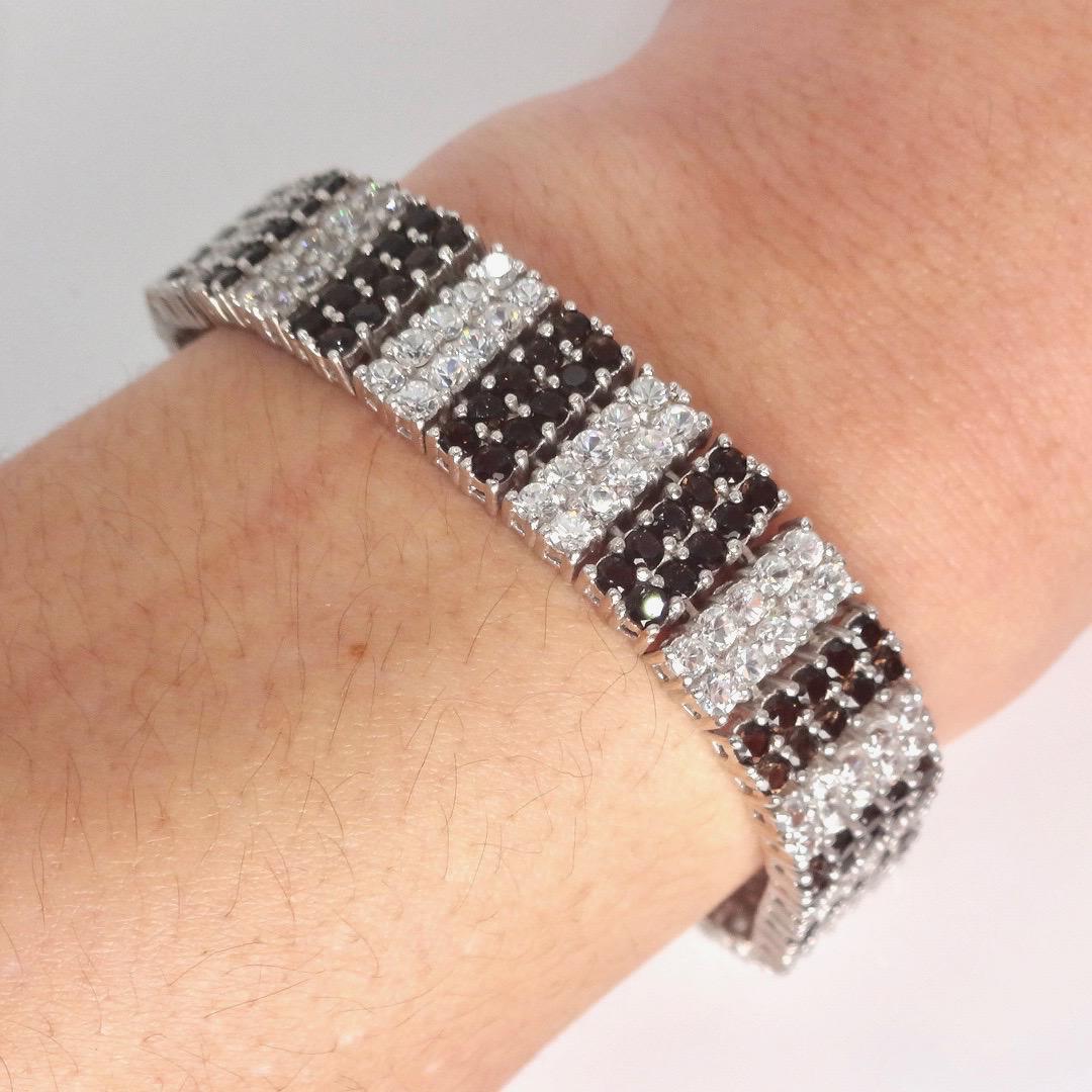 Handmade Genuine Smoky Topaz and White Sapphires 925 Sterling Silver Tennis Bracelet