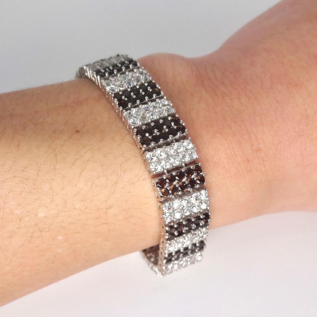 Handmade Genuine Smoky Topaz and White Sapphires 925 Sterling Silver Tennis Bracelet