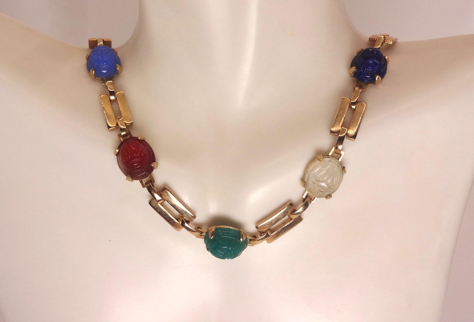 Vintage Green Jade Mixed Stone scarab Yellow 12k Gold Fill Necklace