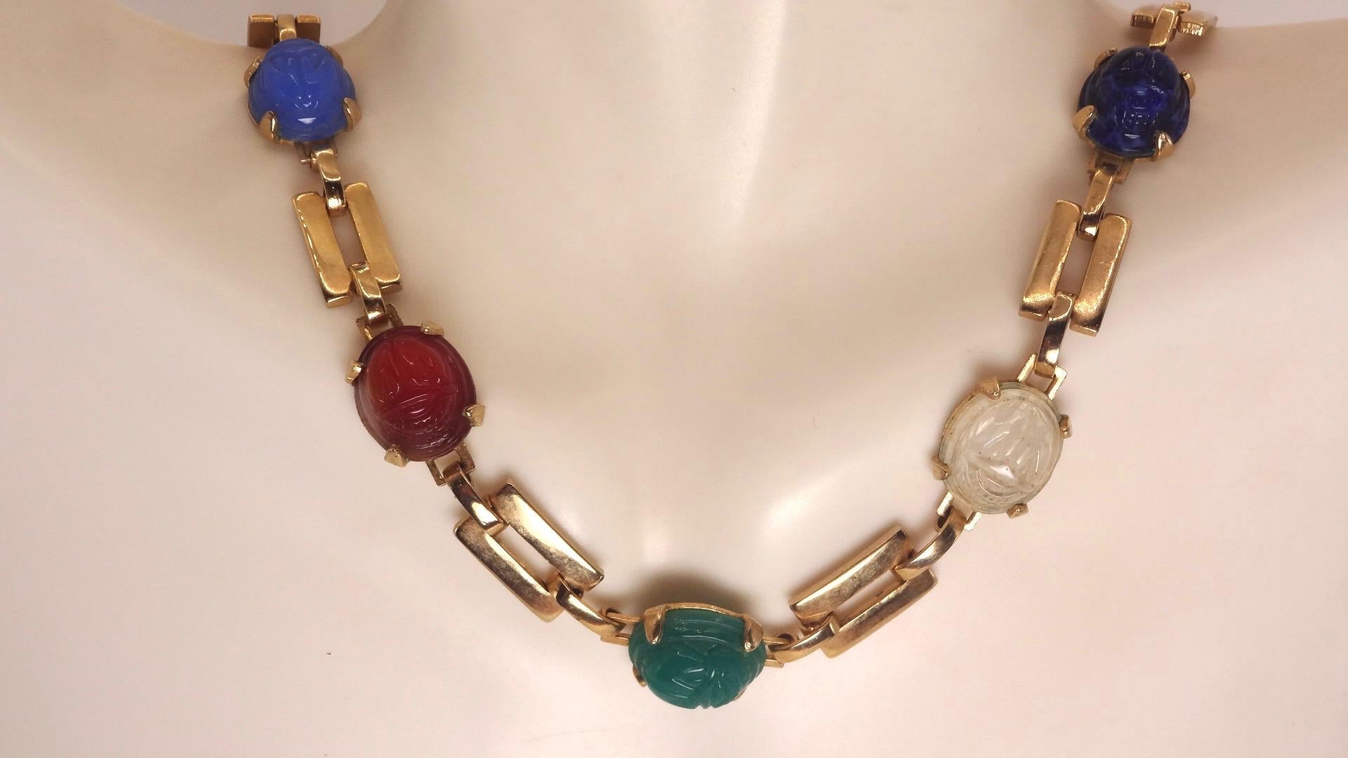 Vintage Green Jade Mixed Stone scarab Yellow 12k Gold Fill Necklace
