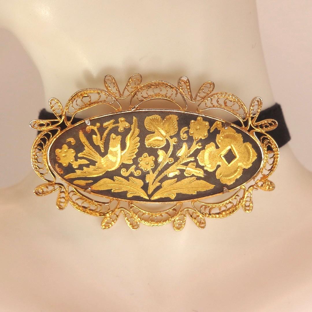 Vintage Gold Damascine Choker, Gold Filled Pendant Brooch