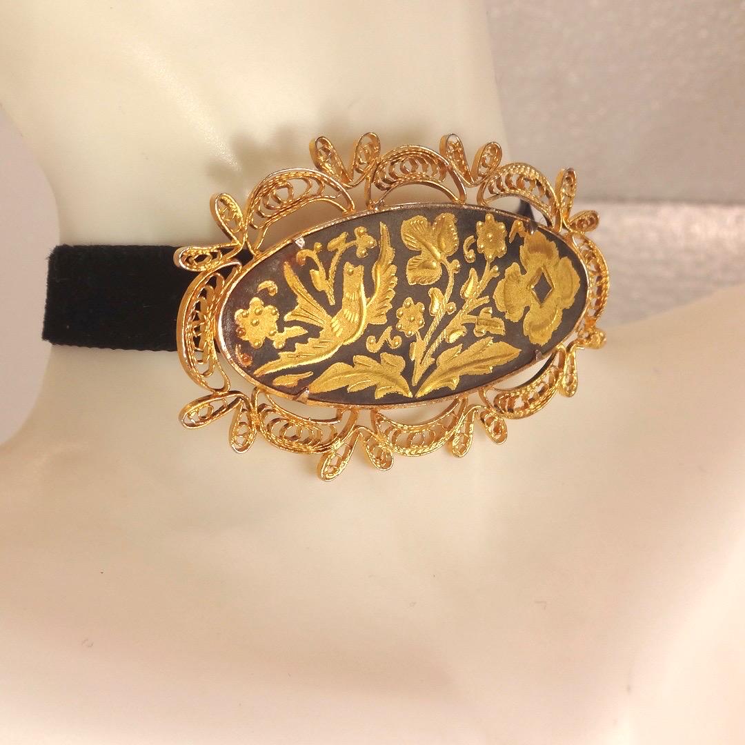 Vintage Gold Damascine Choker, Gold Filled Pendant Brooch
