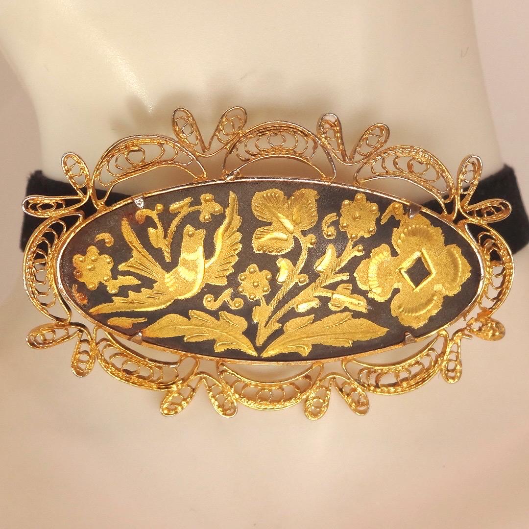 Vintage Gold Damascine Choker, Gold Filled Pendant Brooch