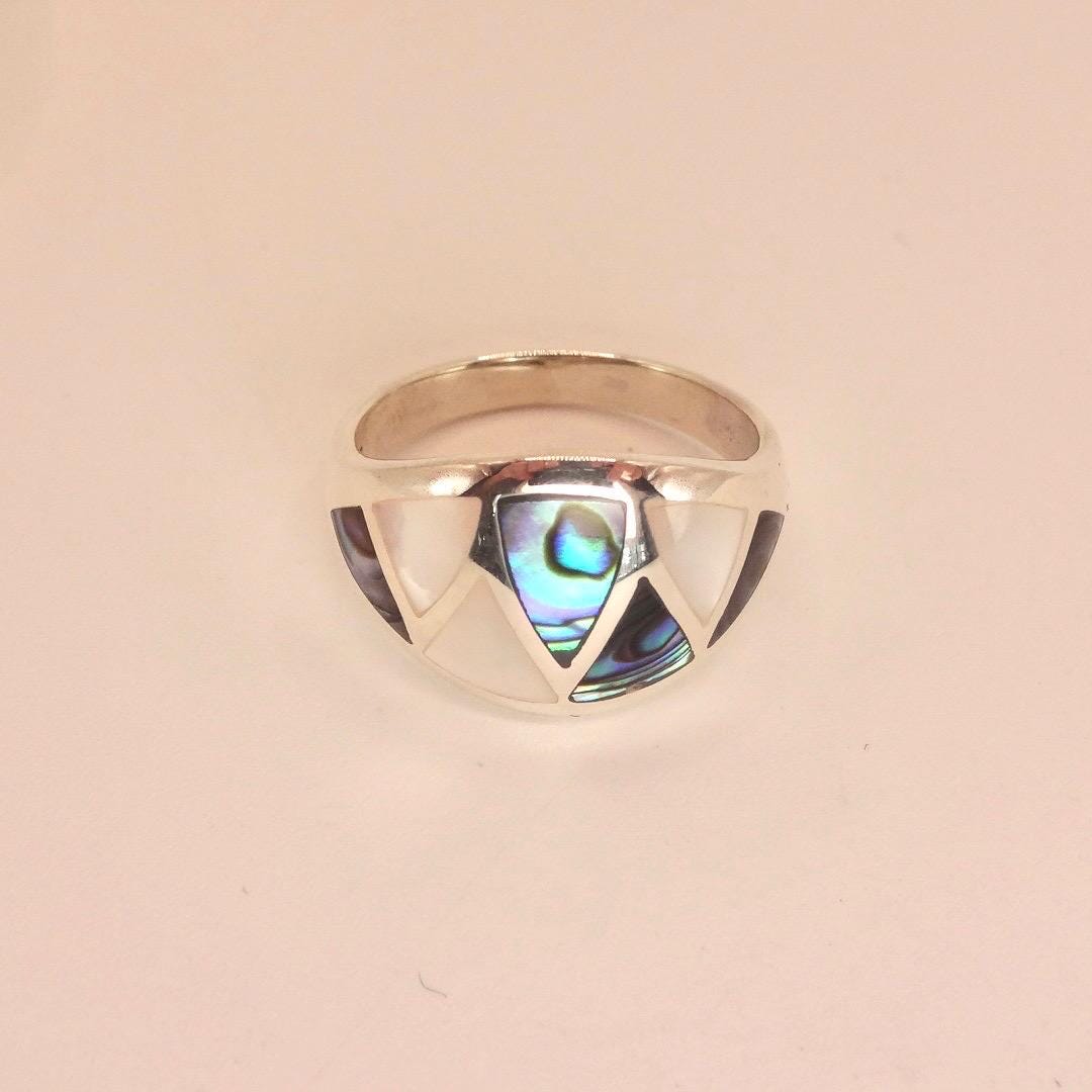 Vintage Deco Abalone Mother of Pearl Ring 925 Sterling Silver