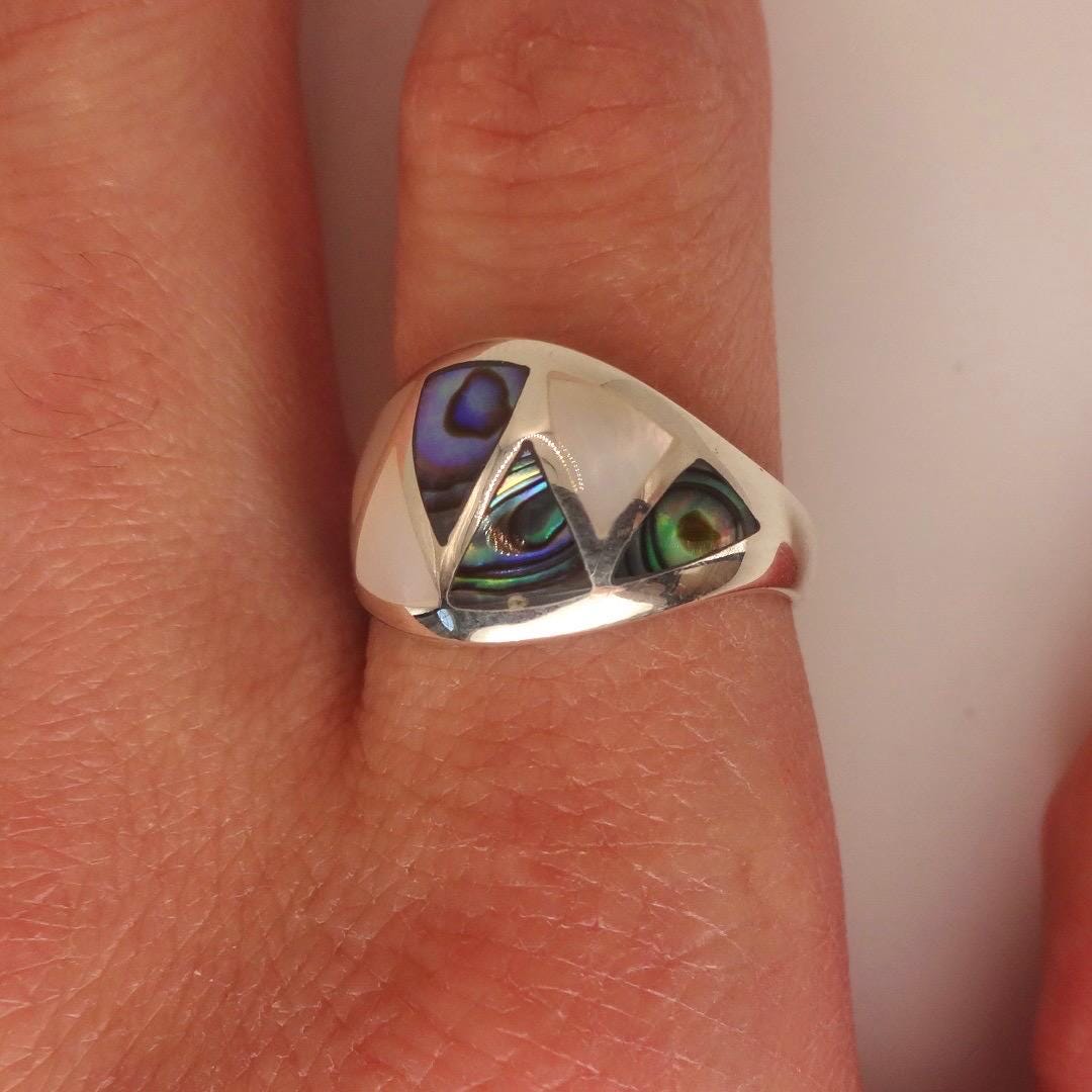 Vintage Deco Abalone Mother of Pearl Ring 925 Sterling Silver