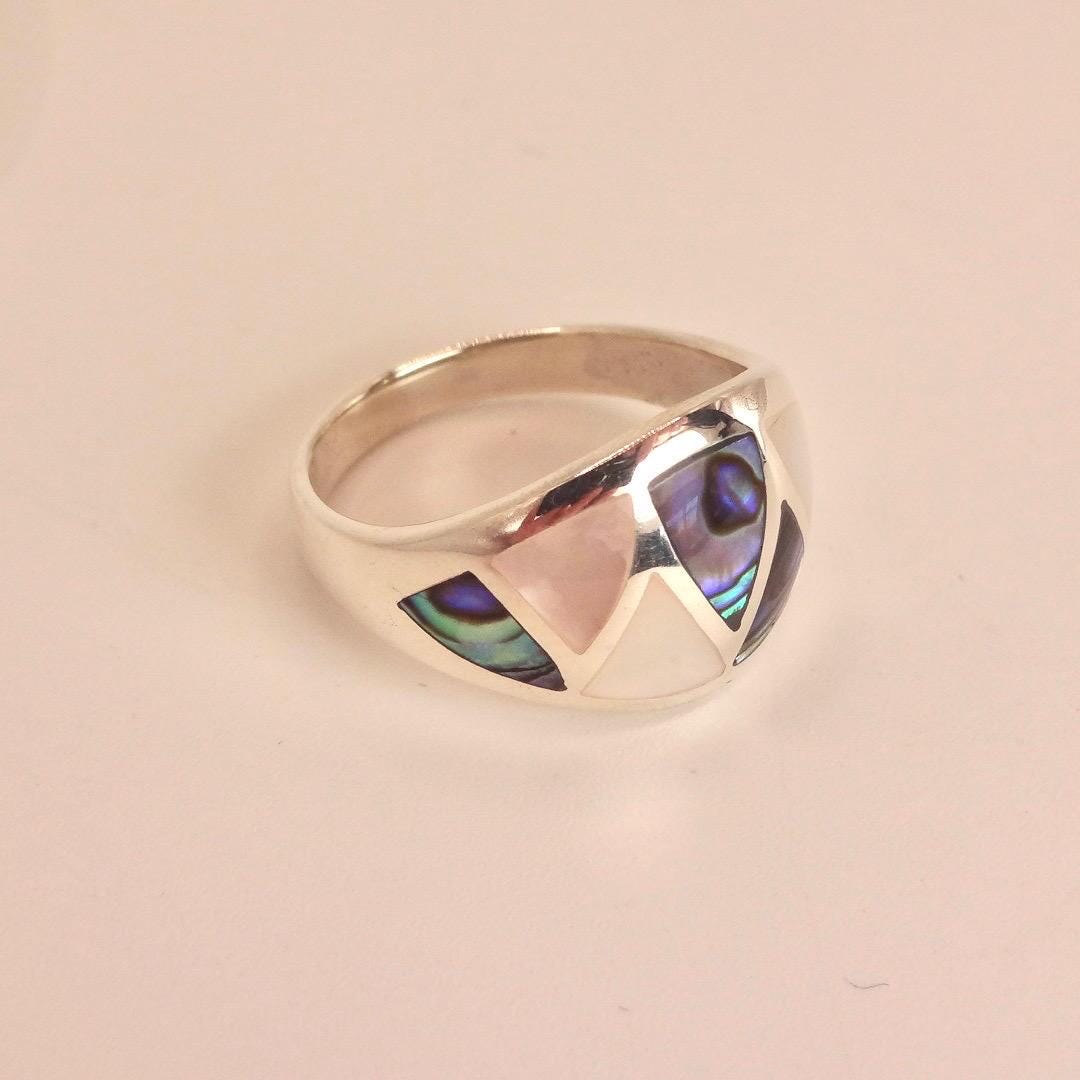 Vintage Deco Abalone Mother of Pearl Ring 925 Sterling Silver