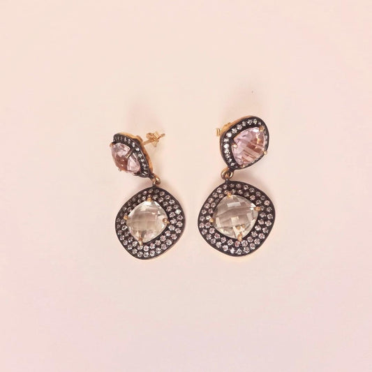 Vintage Genuine White Sapphire Mixed Gemstone Filigree Sterling Silver Dangle Earrings