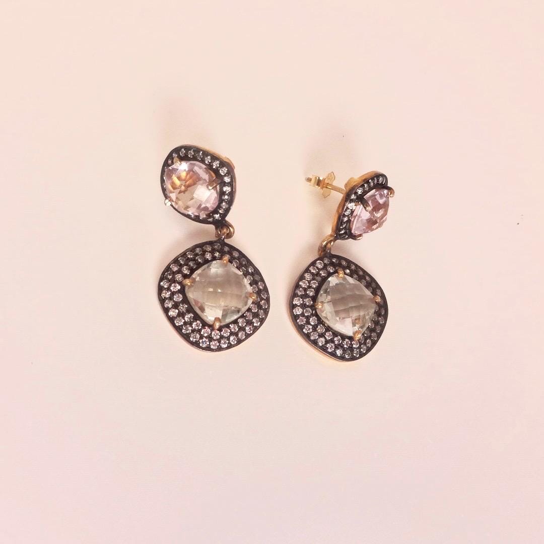 Vintage Genuine White Sapphire Mixed Gemstone Filigree Sterling Silver Dangle Earrings