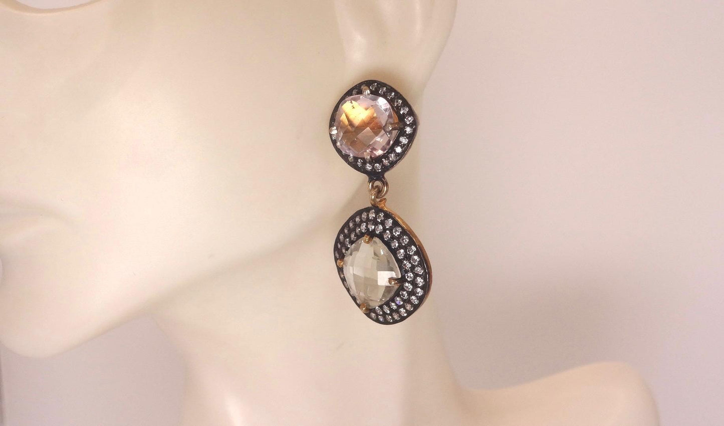 Vintage Genuine White Sapphire Mixed Gemstone Filigree Sterling Silver Dangle Earrings