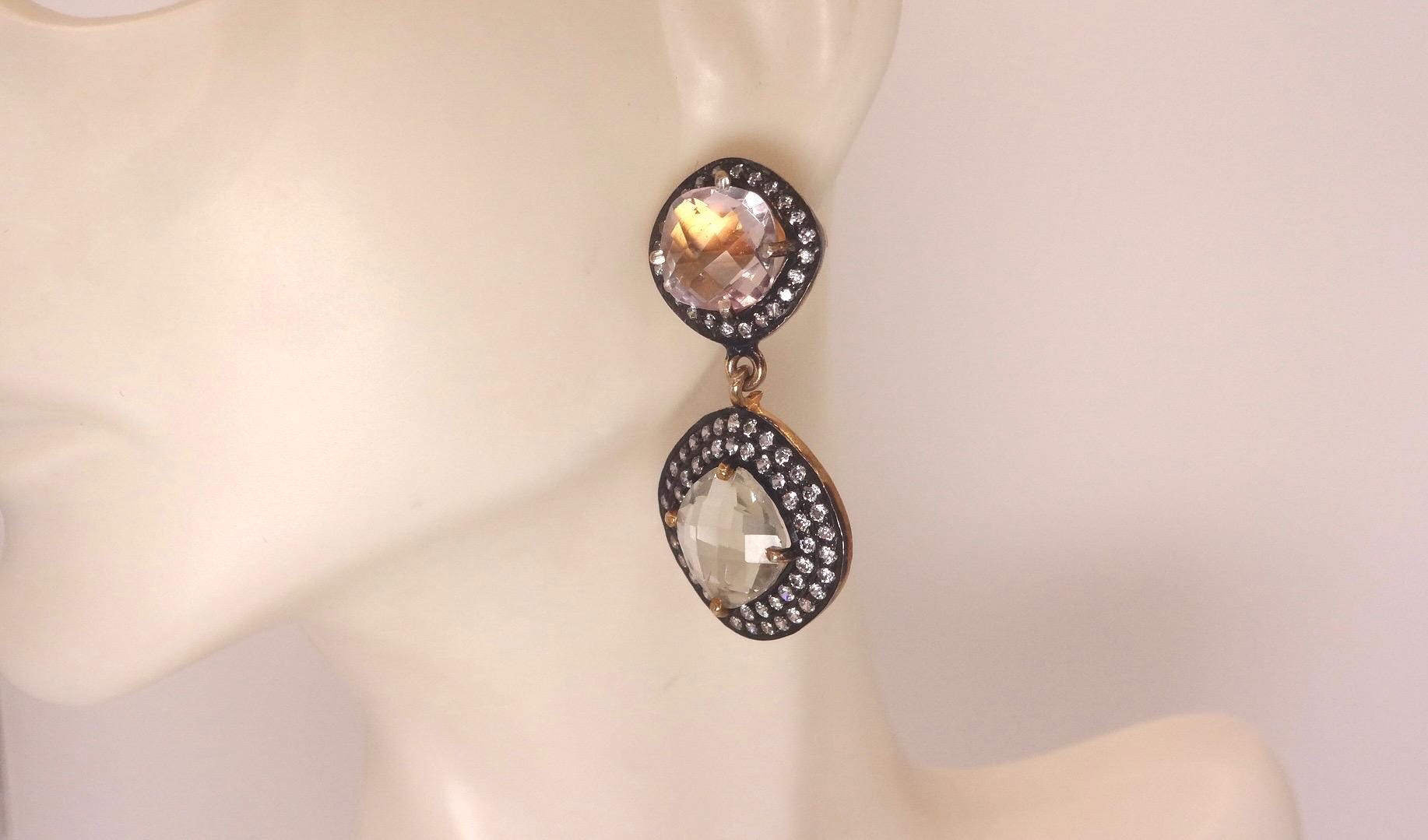 Vintage Genuine White Sapphire Mixed Gemstone Filigree Sterling Silver Dangle Earrings