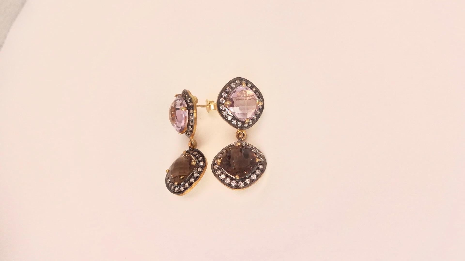 Vintage Genuine White Sapphire Mixed Gemstone Filigree Sterling Silver Dangle Earrings